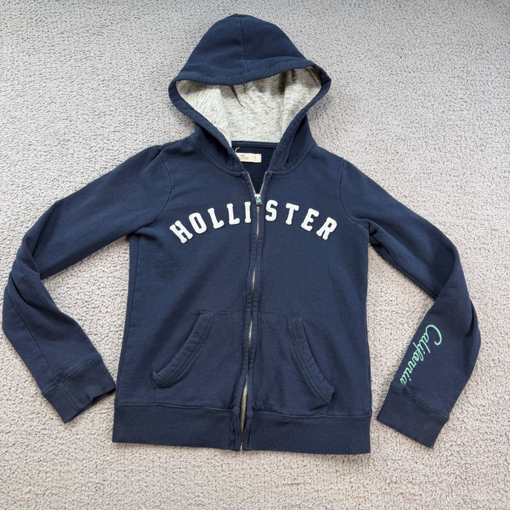 Hollister California Women Navy Blue Full Zip Hoodie Sweatshirt Size S